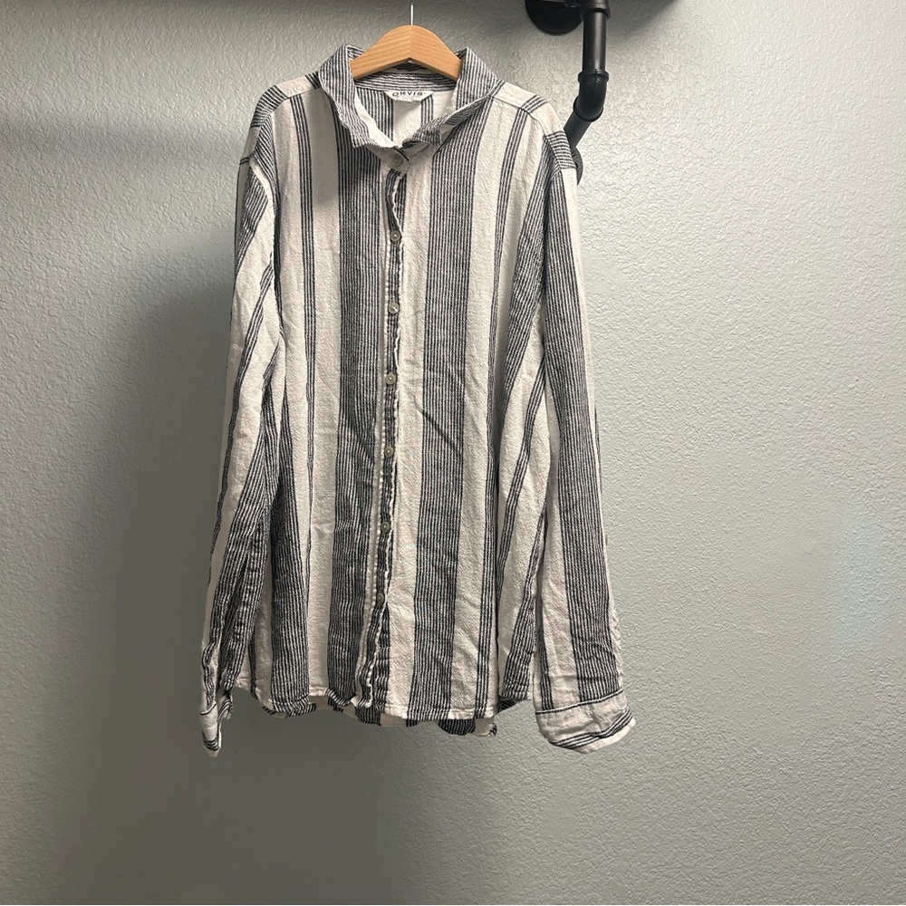 Orvis linen button down blouse women’s Large black and white striped long sleeve